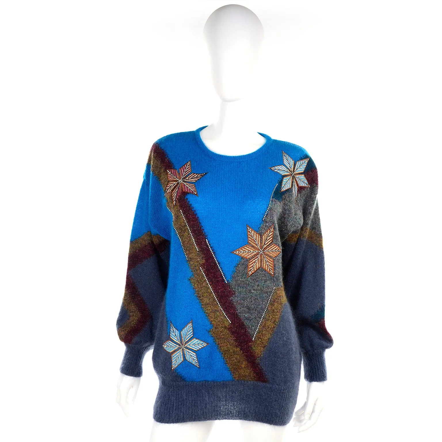 1980s Escada Oversized Mohair & Wool Sweater w/ Star Snowflakes