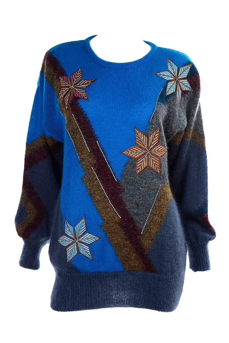 1980s Escada Oversized Mohair & Wool Sweater w/ Star Snowflakes