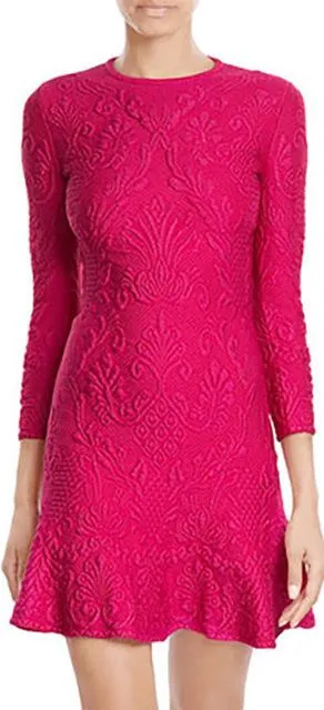 3/4 Sleeve Quilted Flirty-Hem Dress, Shocking Pink