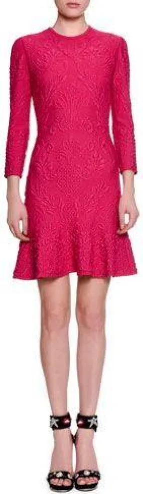 3/4 Sleeve Quilted Flirty-Hem Dress, Shocking Pink