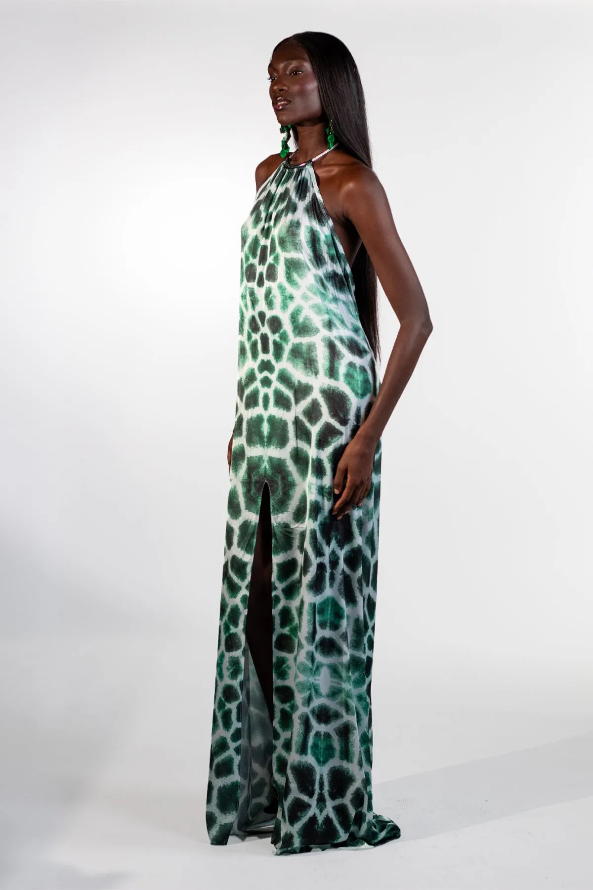 Alessa Green High Neck Giraffe Print Maxi Dress