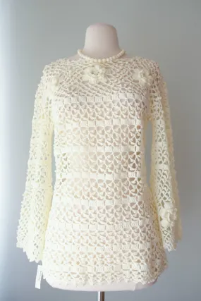 Amazing DEADSTOCK 1970's Flower Child Ivory Crochet Knit Top/ Sz M