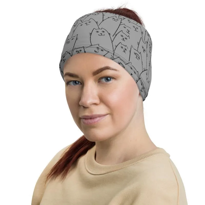 Animated funny cute Kitty cat happy grey pattern, neck gaiter face cover, head wear headband wrap, balaclava mask beanie wristband - US Fast Shipping