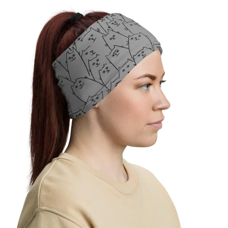 Animated funny cute Kitty cat happy grey pattern, neck gaiter face cover, head wear headband wrap, balaclava mask beanie wristband - US Fast Shipping