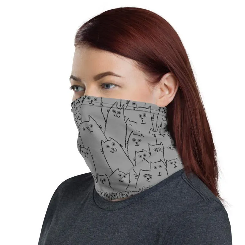 Animated funny cute Kitty cat happy grey pattern, neck gaiter face cover, head wear headband wrap, balaclava mask beanie wristband - US Fast Shipping