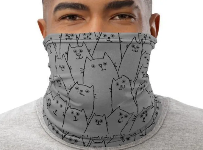 Animated funny cute Kitty cat happy grey pattern, neck gaiter face cover, head wear headband wrap, balaclava mask beanie wristband - US Fast Shipping