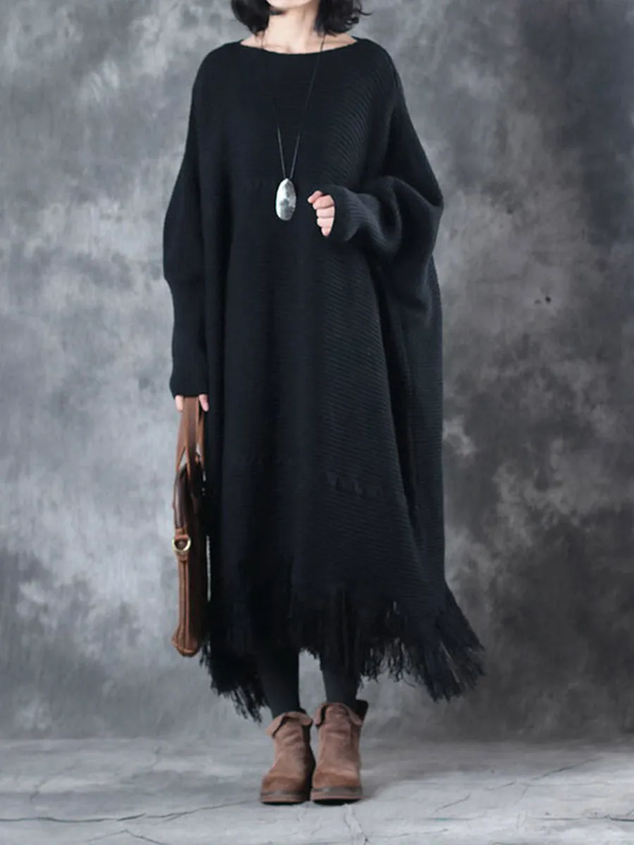 Autumn And Winter Ladies Bat Sleeve Tassel Sweater Dress