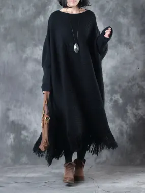 Autumn And Winter Ladies Bat Sleeve Tassel Sweater Dress