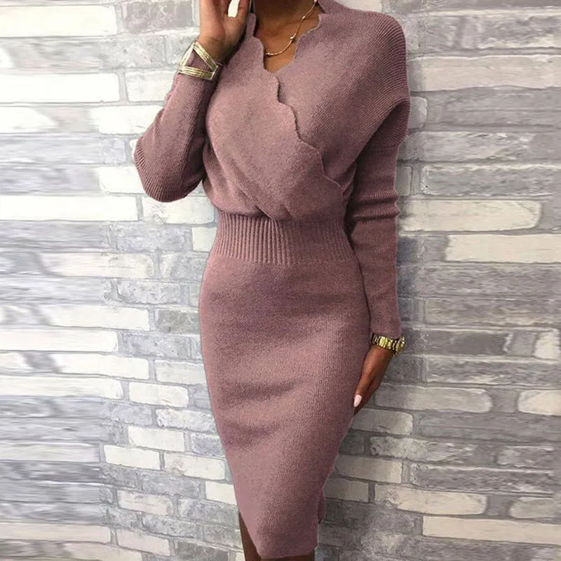 Autumn slim dress female elegant fashion office lady collar knitted dress winter long lantern sleeve bodycon party skirt