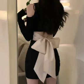 Back Lace Up Bow Long Sleeve Slit Black Dress