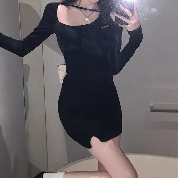 Back Lace Up Bow Long Sleeve Slit Black Dress