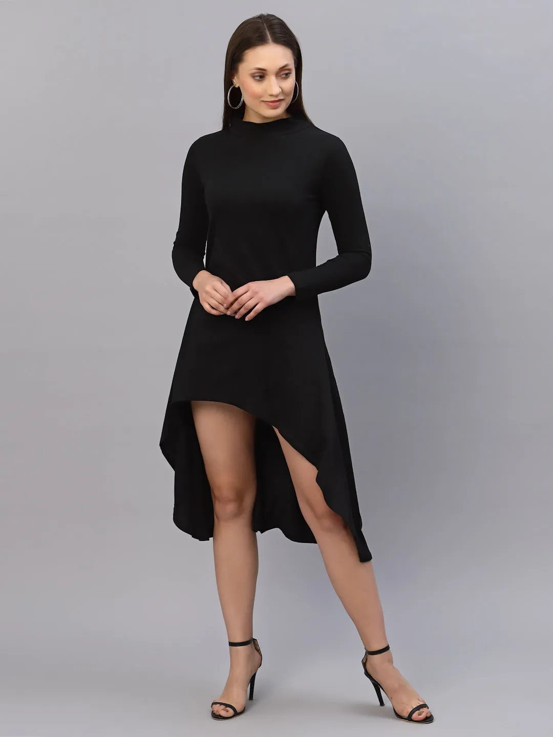 Black High-Low Full Sleeve Round Neck Dress