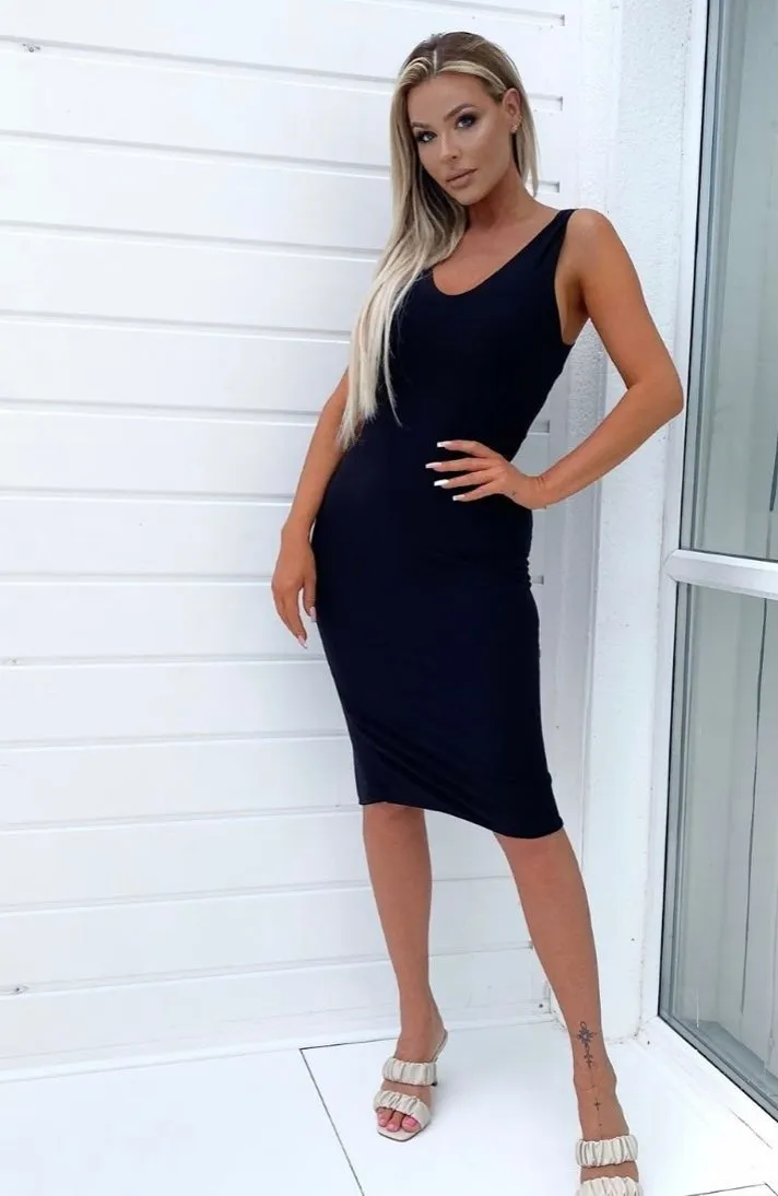 Black Slinky Scoop Neck Midi Dress