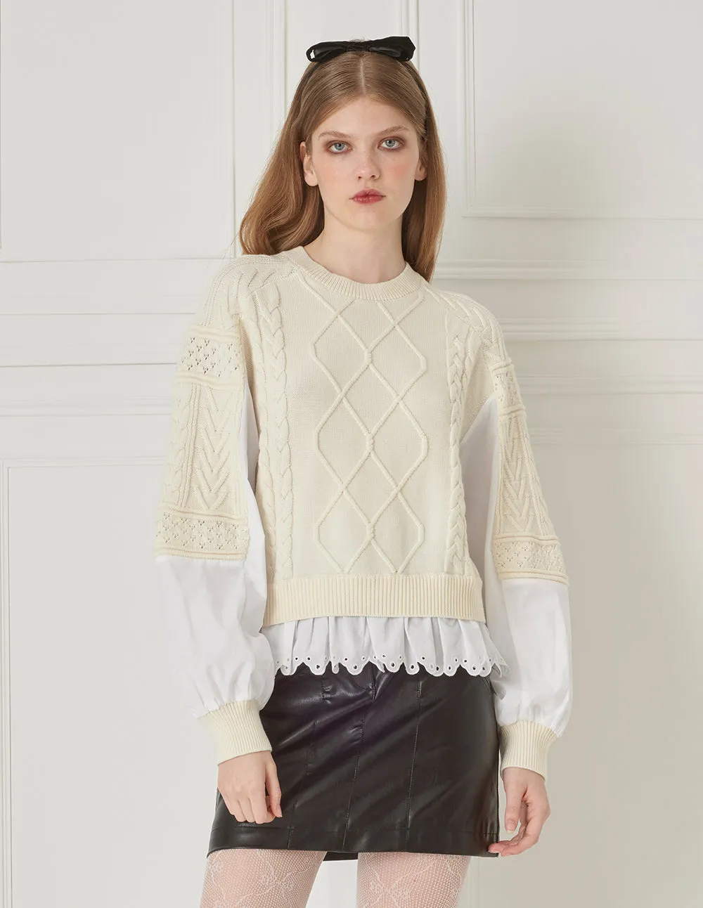 BORA AKSU Wool Embroidered Trim Fake Two-Piece Pullover