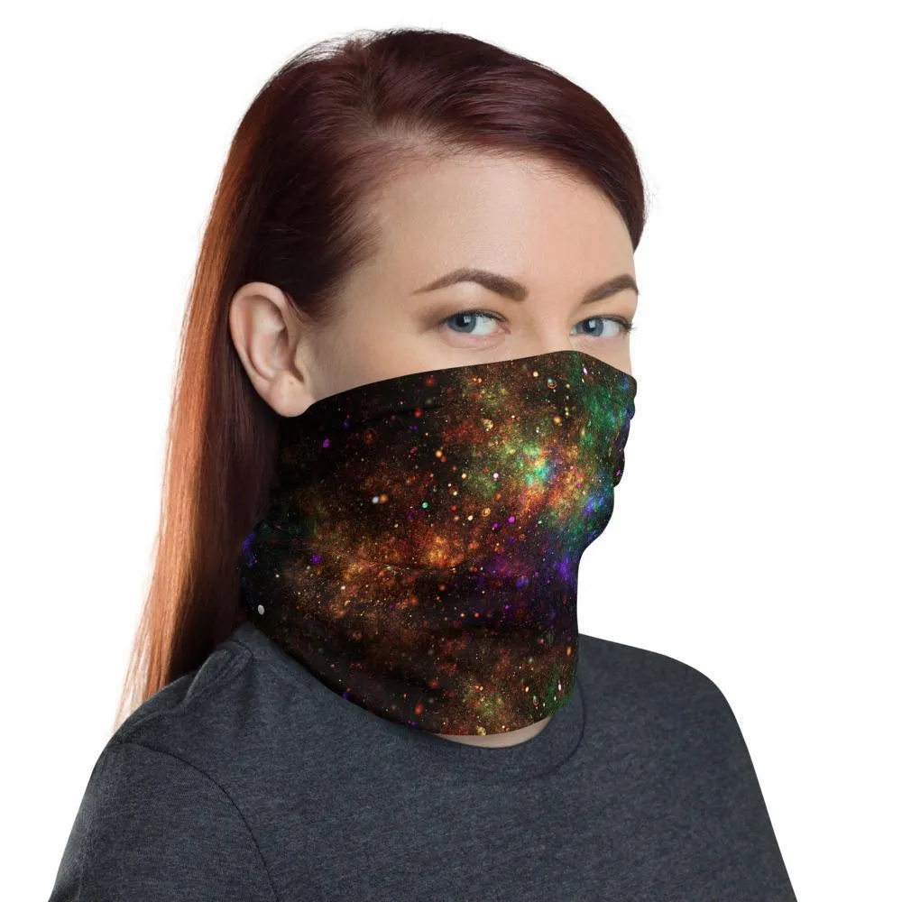 Bright galaxy, Abstract blue, green and orange sparkles Neck Gaiter, Headwear, Headband, Bandana, Balaclava, Beanie, Wristband, Hairband - US Fast Shipping