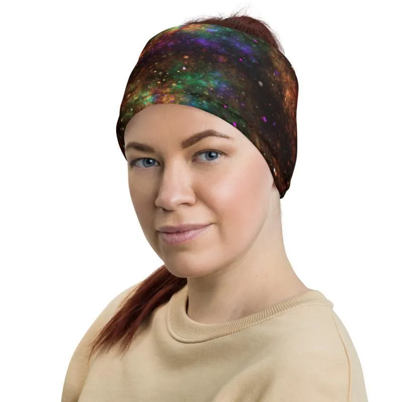 Bright galaxy, Abstract blue, green and orange sparkles Neck Gaiter, Headwear, Headband, Bandana, Balaclava, Beanie, Wristband, Hairband - US Fast Shipping