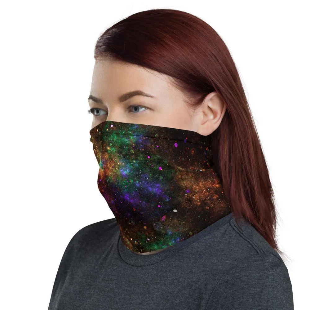 Bright galaxy, Abstract blue, green and orange sparkles Neck Gaiter, Headwear, Headband, Bandana, Balaclava, Beanie, Wristband, Hairband - US Fast Shipping