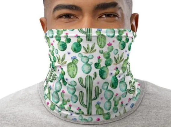 Cactus plants and purple flowers print pattern neck gaiter scarf design, reusable washable fabric tube face mask Gift for women - US Fast Shipping