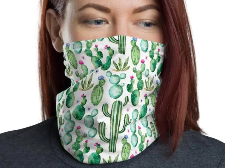 Cactus plants and purple flowers print pattern neck gaiter scarf design, reusable washable fabric tube face mask Gift for women - US Fast Shipping