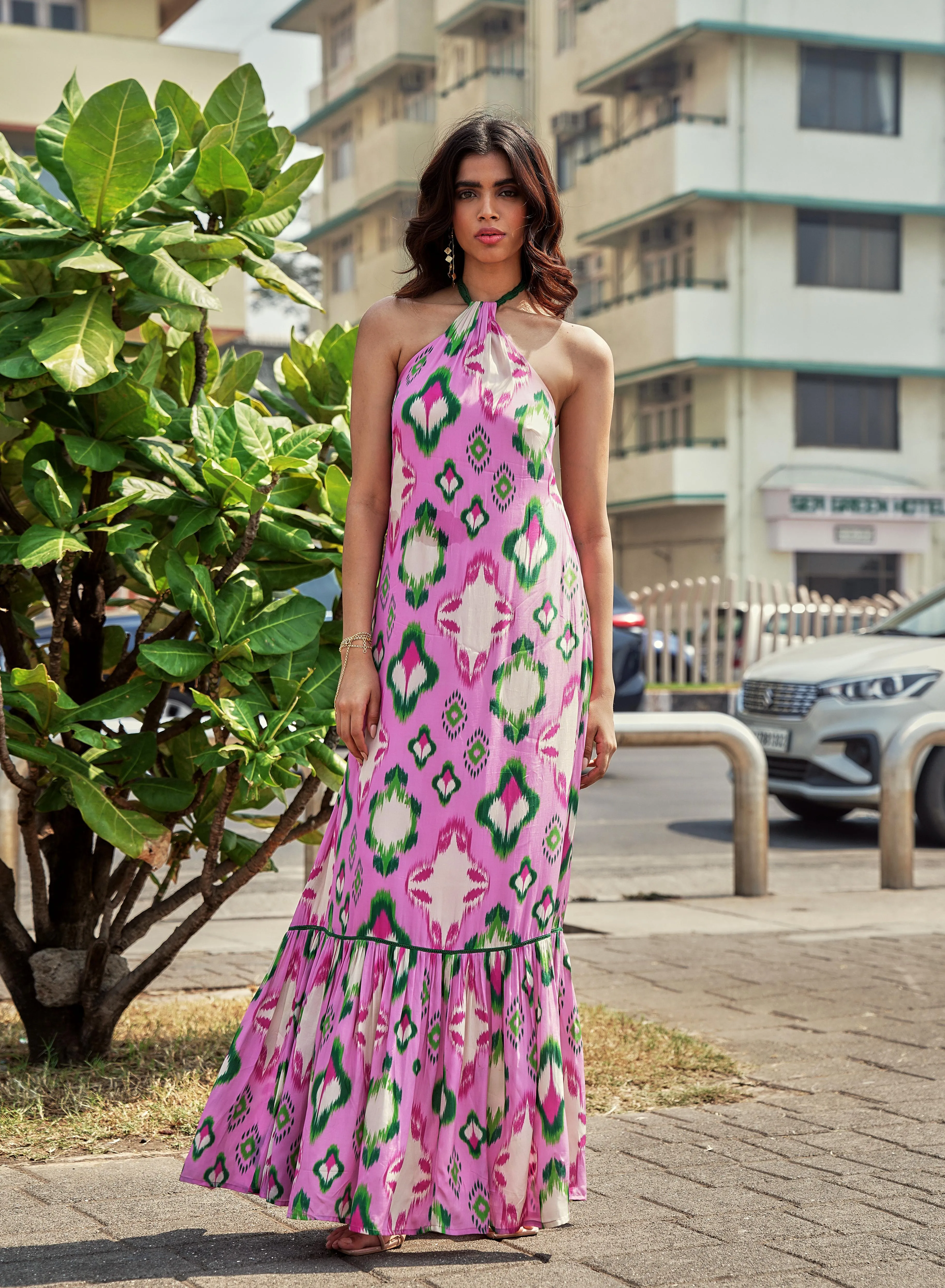 CHEEKY PINK IKAT HALTER MAXI DRESS