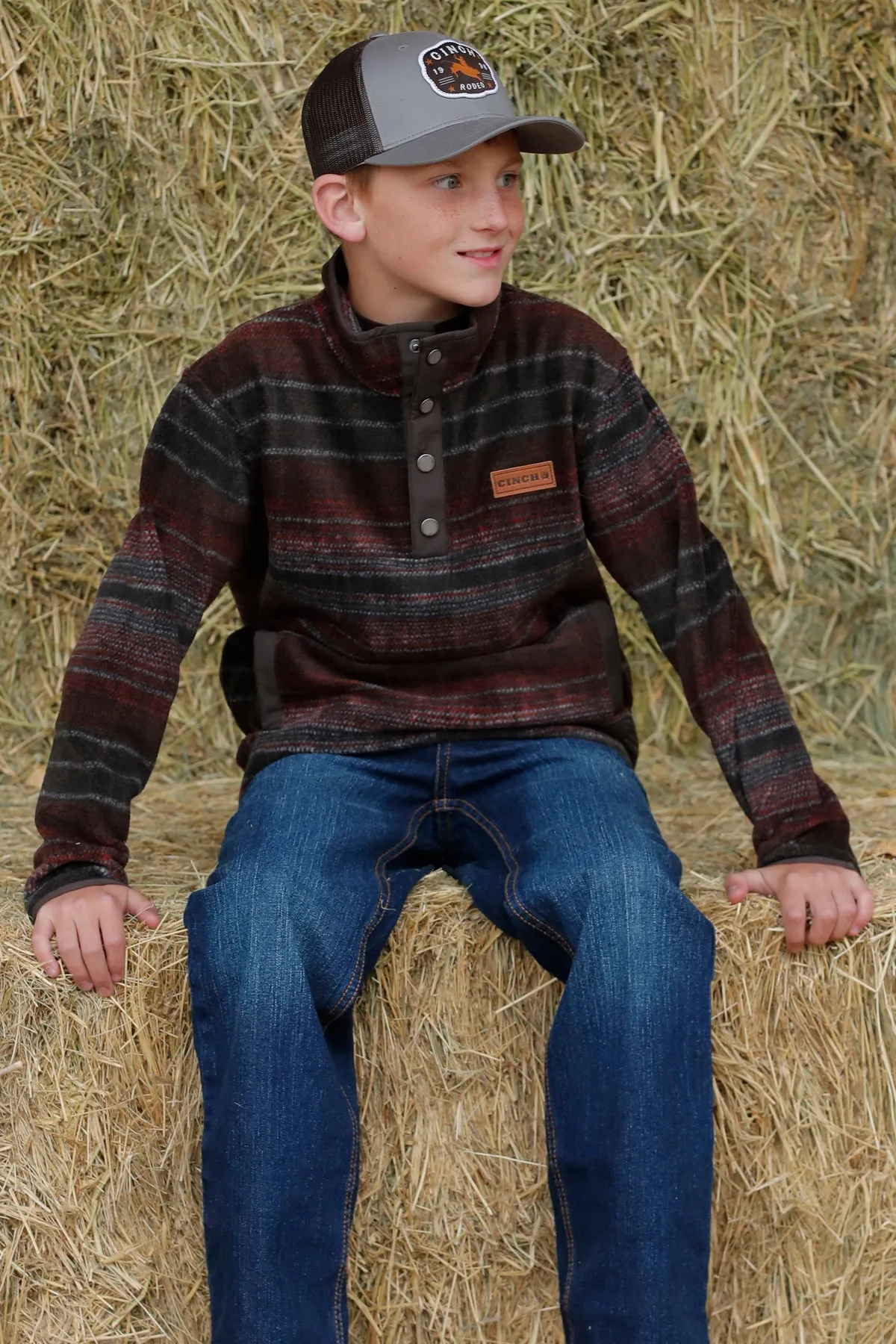 Cinch Youth Boy's Serape Stripe Quarter Snap Fleece Pullover in Brown