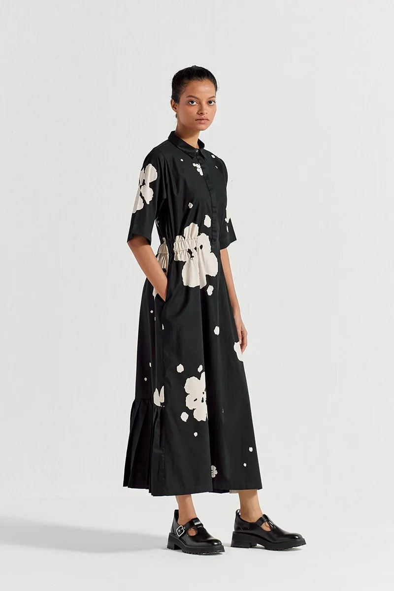 Collared Side Elastic Waist Dress - Black Floral