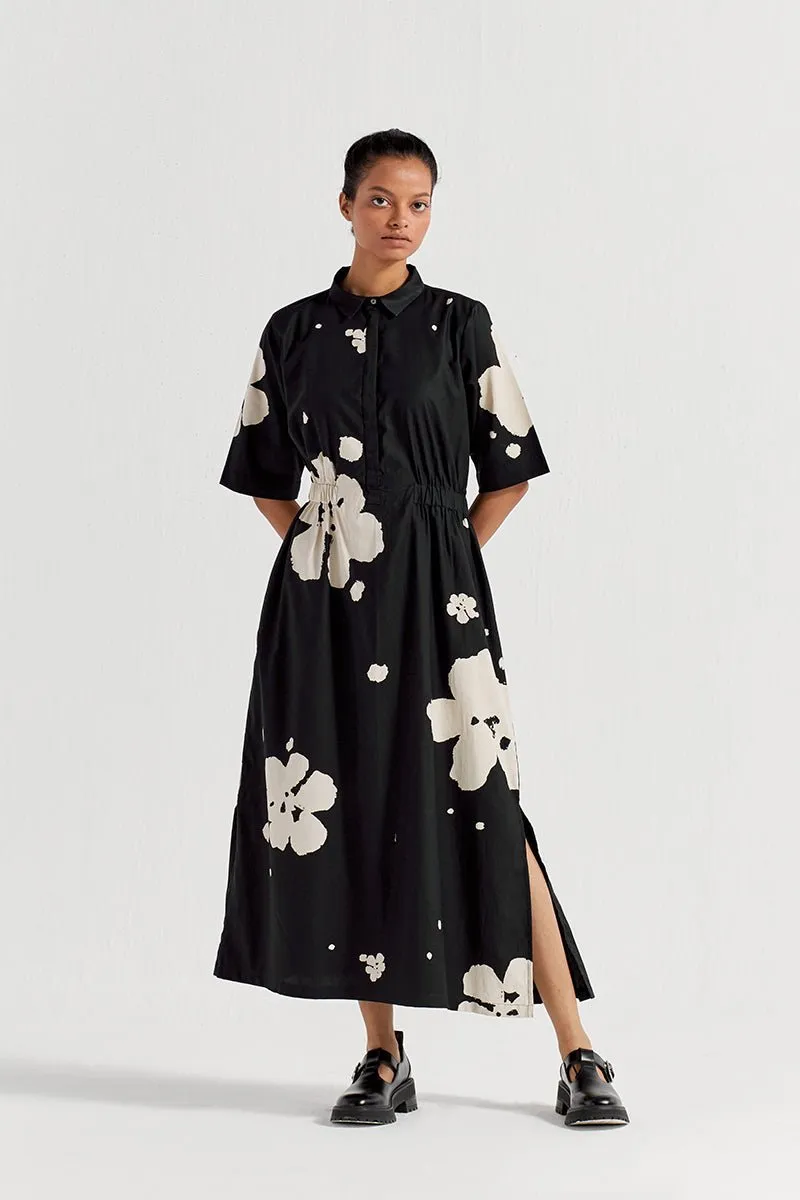 Collared Side Elastic Waist Dress - Black Floral