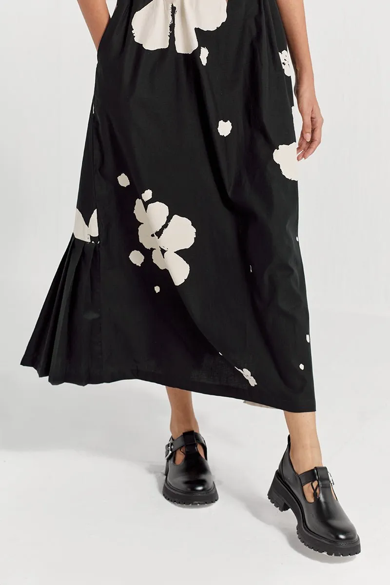 Collared Side Elastic Waist Dress - Black Floral