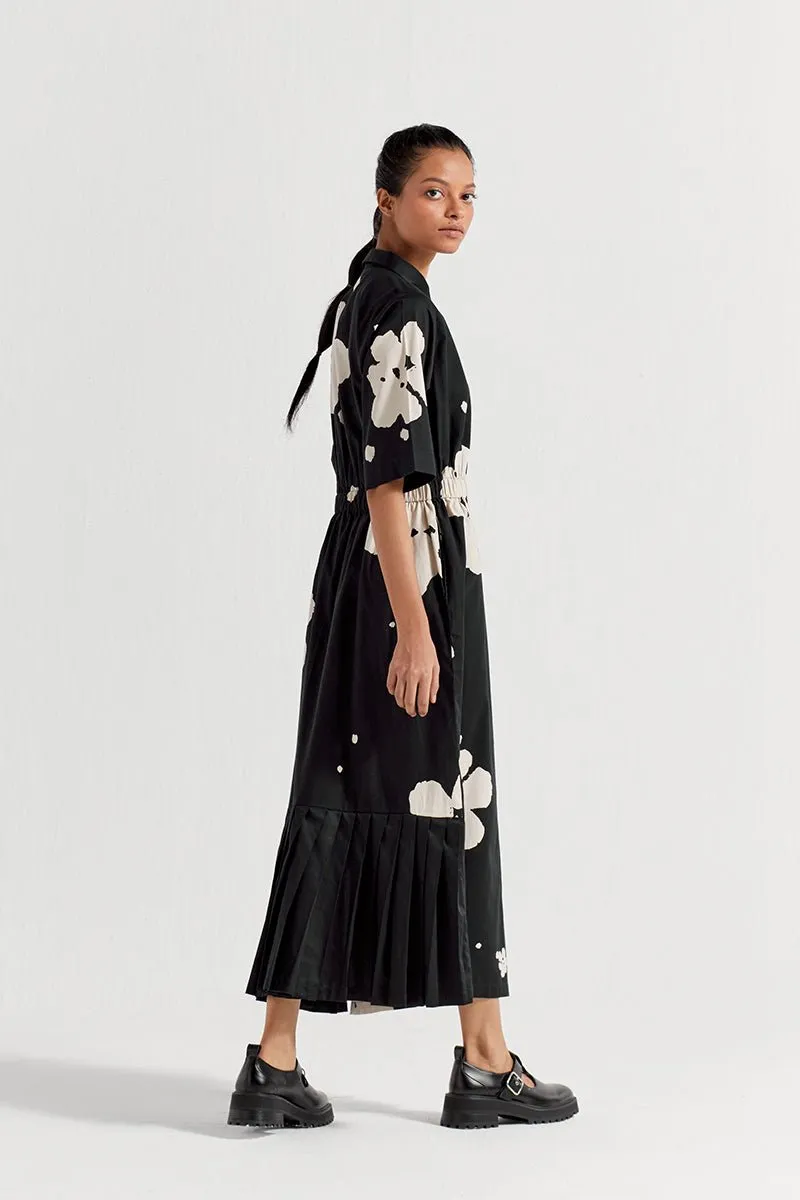 Collared Side Elastic Waist Dress - Black Floral