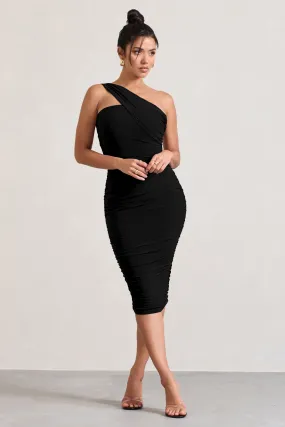 Contour | Black One Shoulder Bodycon Midi Dress