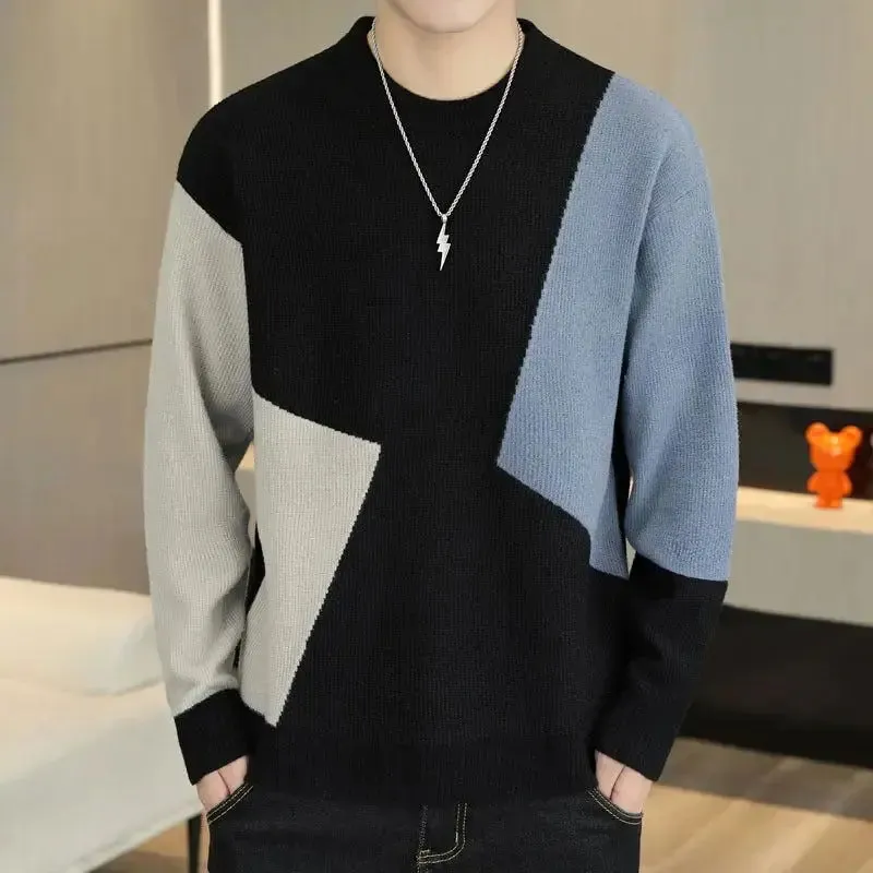 Contrasting Color Crewneck Sweater Men's Loose Youth Casual Knitted Pullover