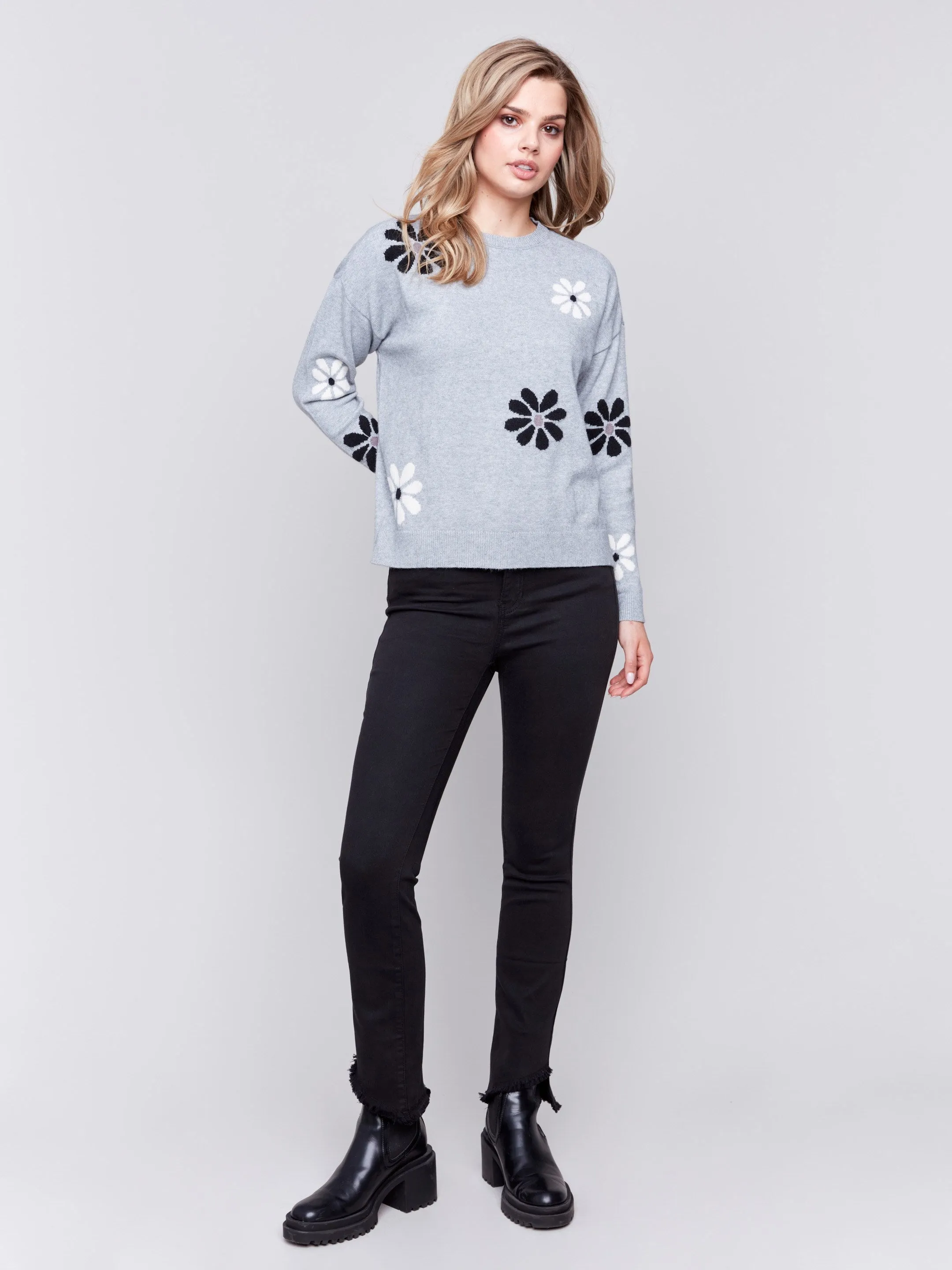 Crew Neck Sweater with Printed Flowers - Light Grey