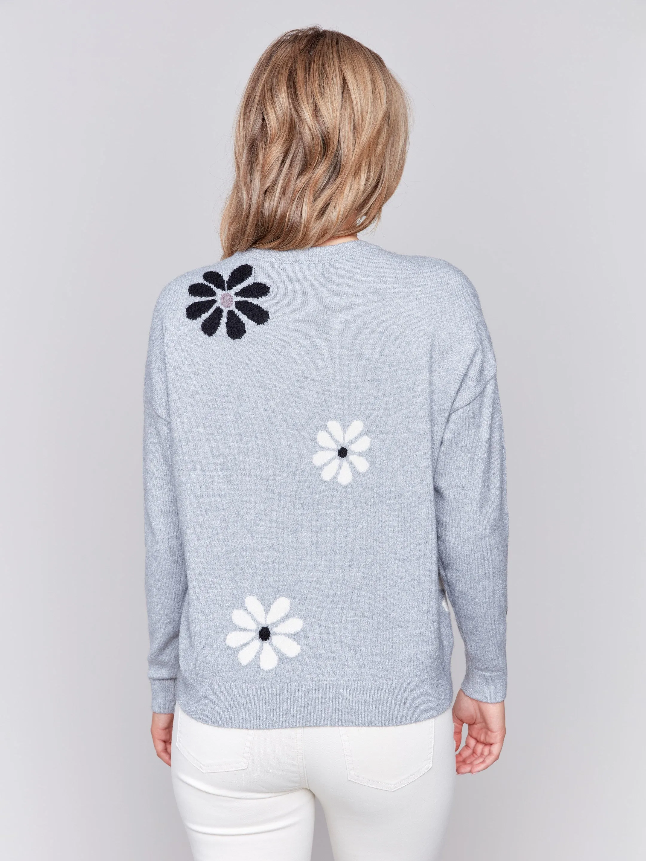 Crew Neck Sweater with Printed Flowers - Light Grey