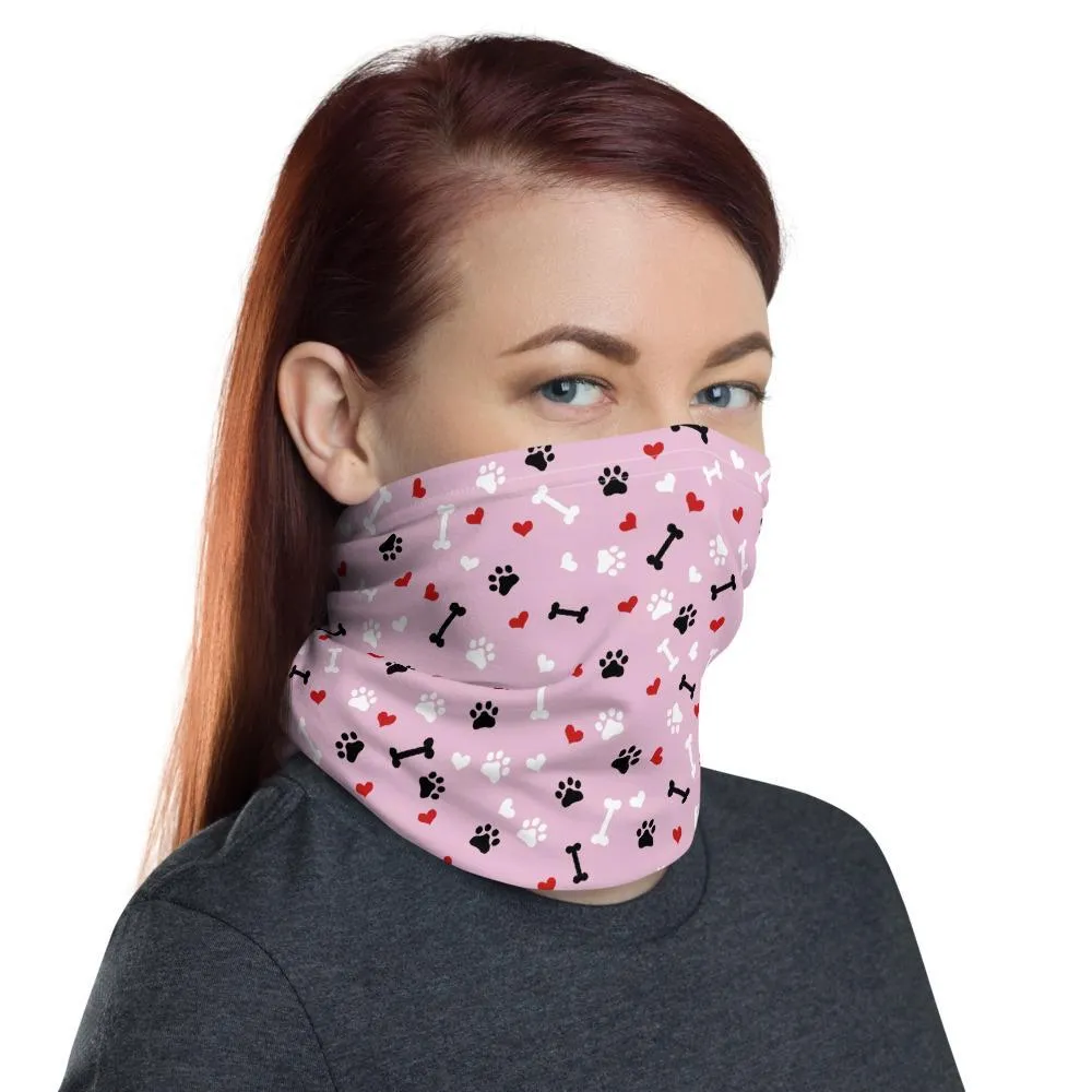 Cute Fashion Neck Gaiter mask, Pink Love paw Dog heart Print, Reusable Face cover Washable Breathable beanie wristband hood shield covering - US Fast Shipping