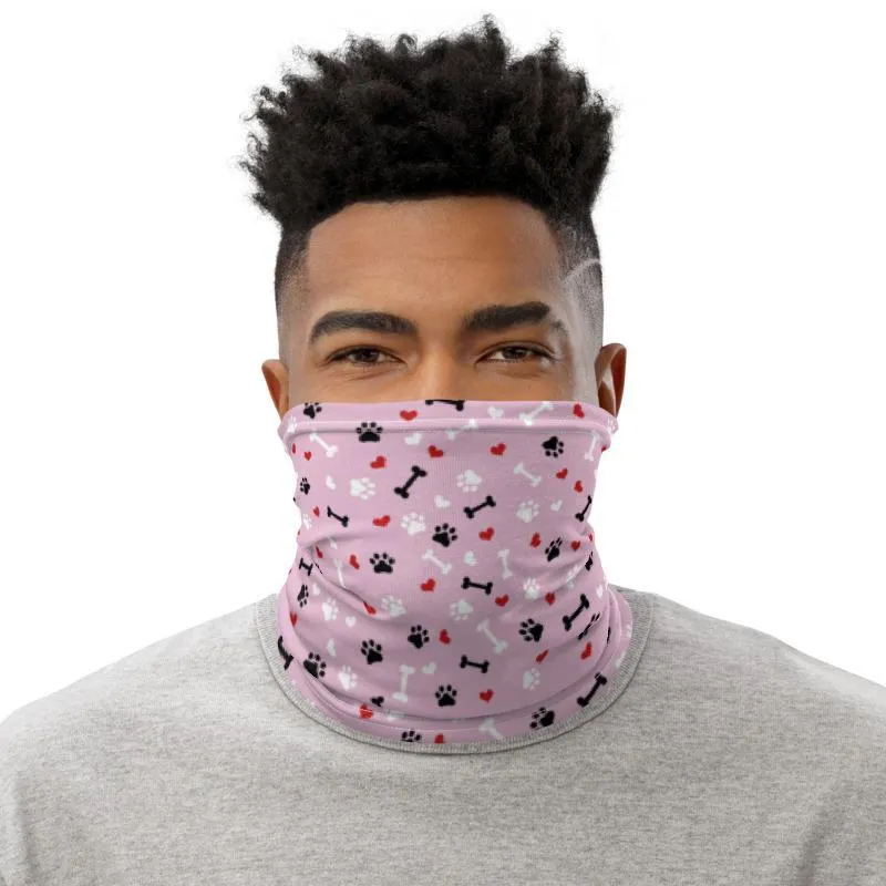 Cute Fashion Neck Gaiter mask, Pink Love paw Dog heart Print, Reusable Face cover Washable Breathable beanie wristband hood shield covering - US Fast Shipping