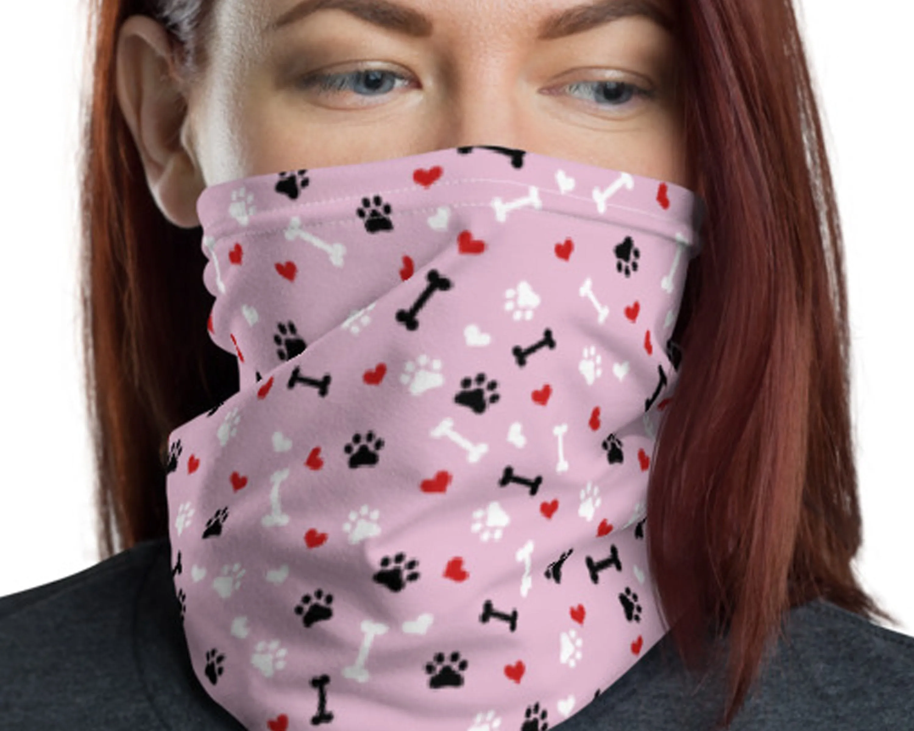 Cute Fashion Neck Gaiter mask, Pink Love paw Dog heart Print, Reusable Face cover Washable Breathable beanie wristband hood shield covering - US Fast Shipping