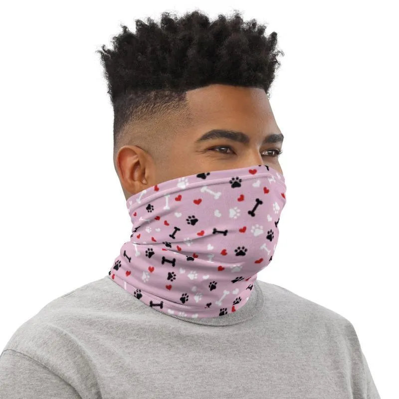 Cute Fashion Neck Gaiter mask, Pink Love paw Dog heart Print, Reusable Face cover Washable Breathable beanie wristband hood shield covering - US Fast Shipping