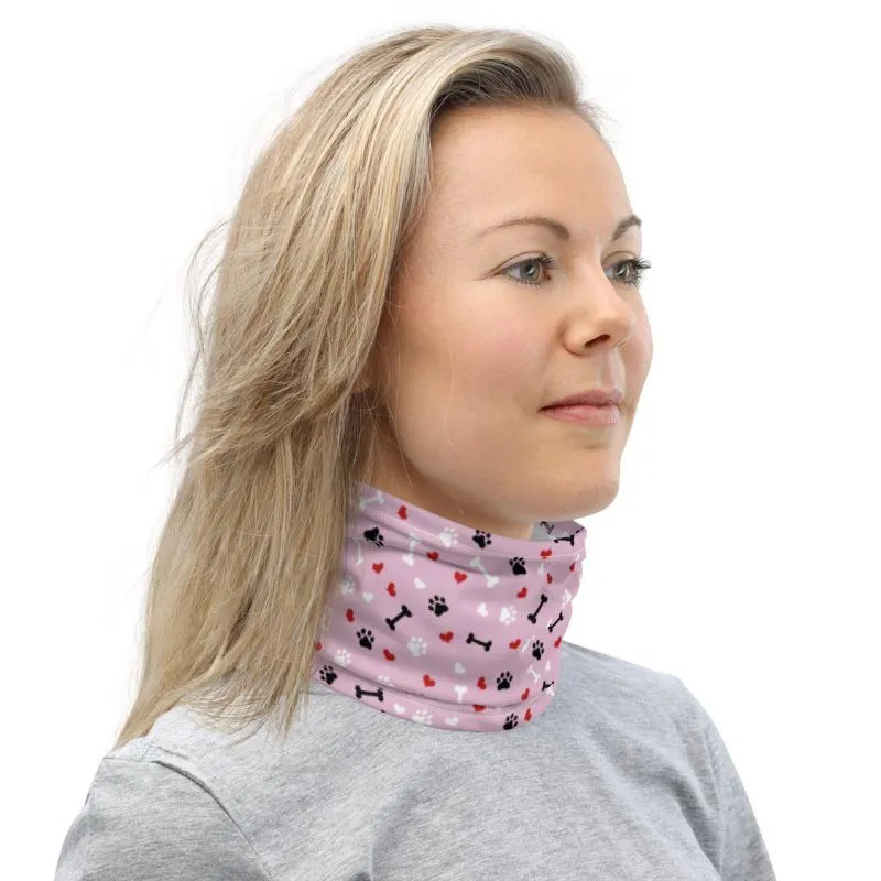 Cute Fashion Neck Gaiter mask, Pink Love paw Dog heart Print, Reusable Face cover Washable Breathable beanie wristband hood shield covering - US Fast Shipping