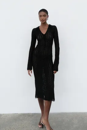 Dionne Lace Long Sleeve Midi Dress - Black