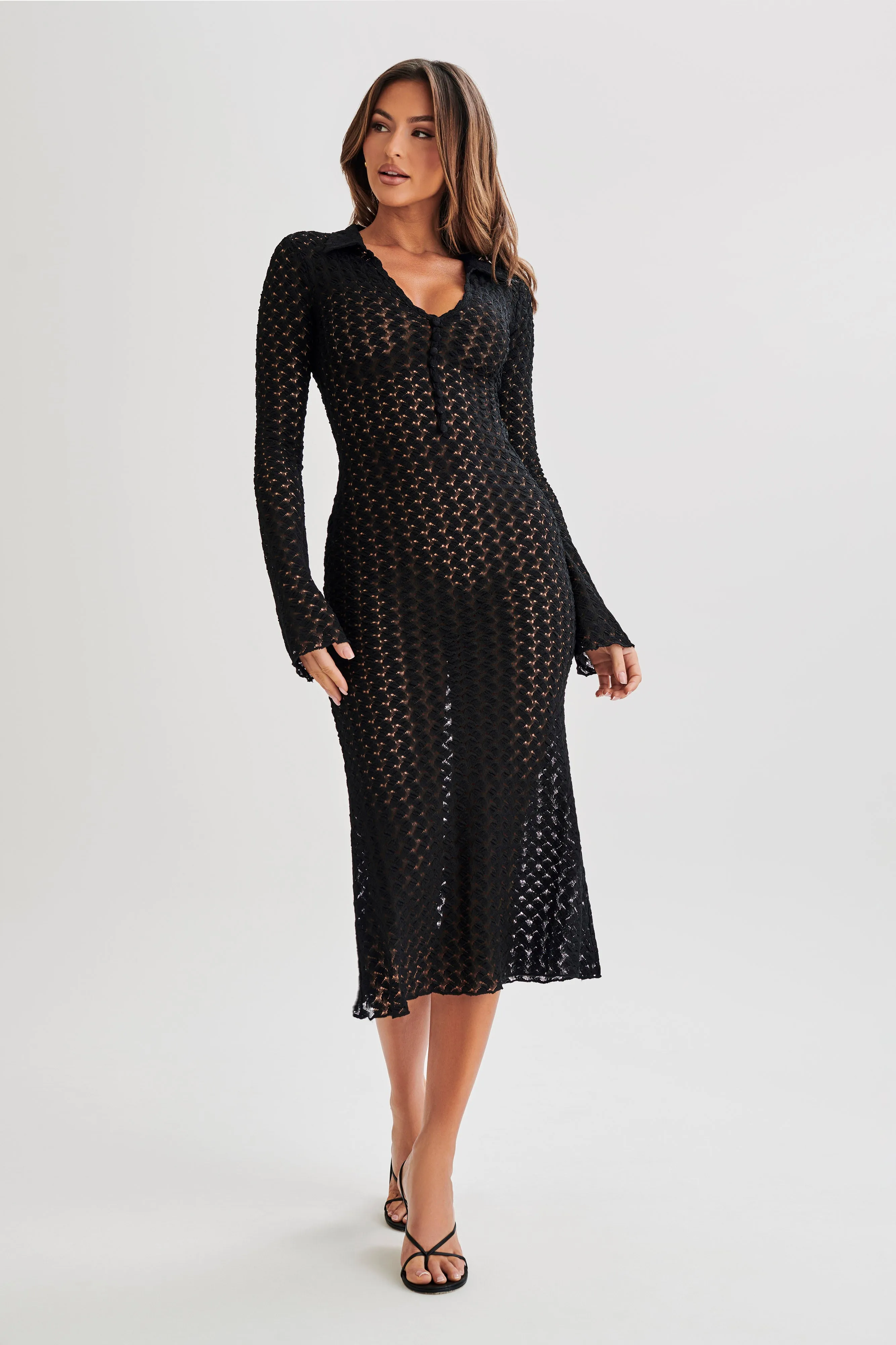 Dionne Lace Long Sleeve Midi Dress - Black