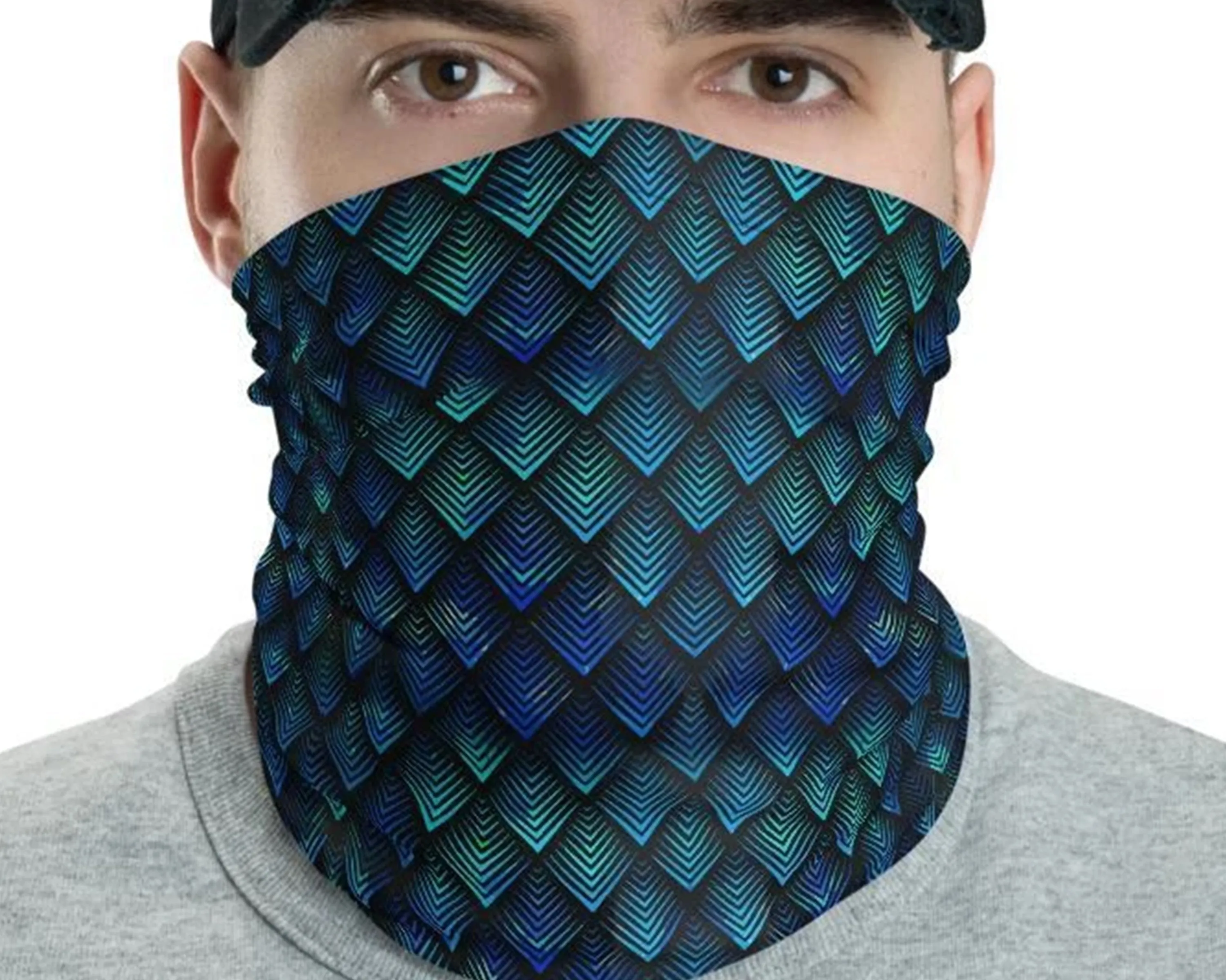 Dragon Geometric diamond Scales blue Unisex Men women Neck Gaiter face cover scarf, Headband warmer & Rave Mask Bandana  - US Fast Shipping