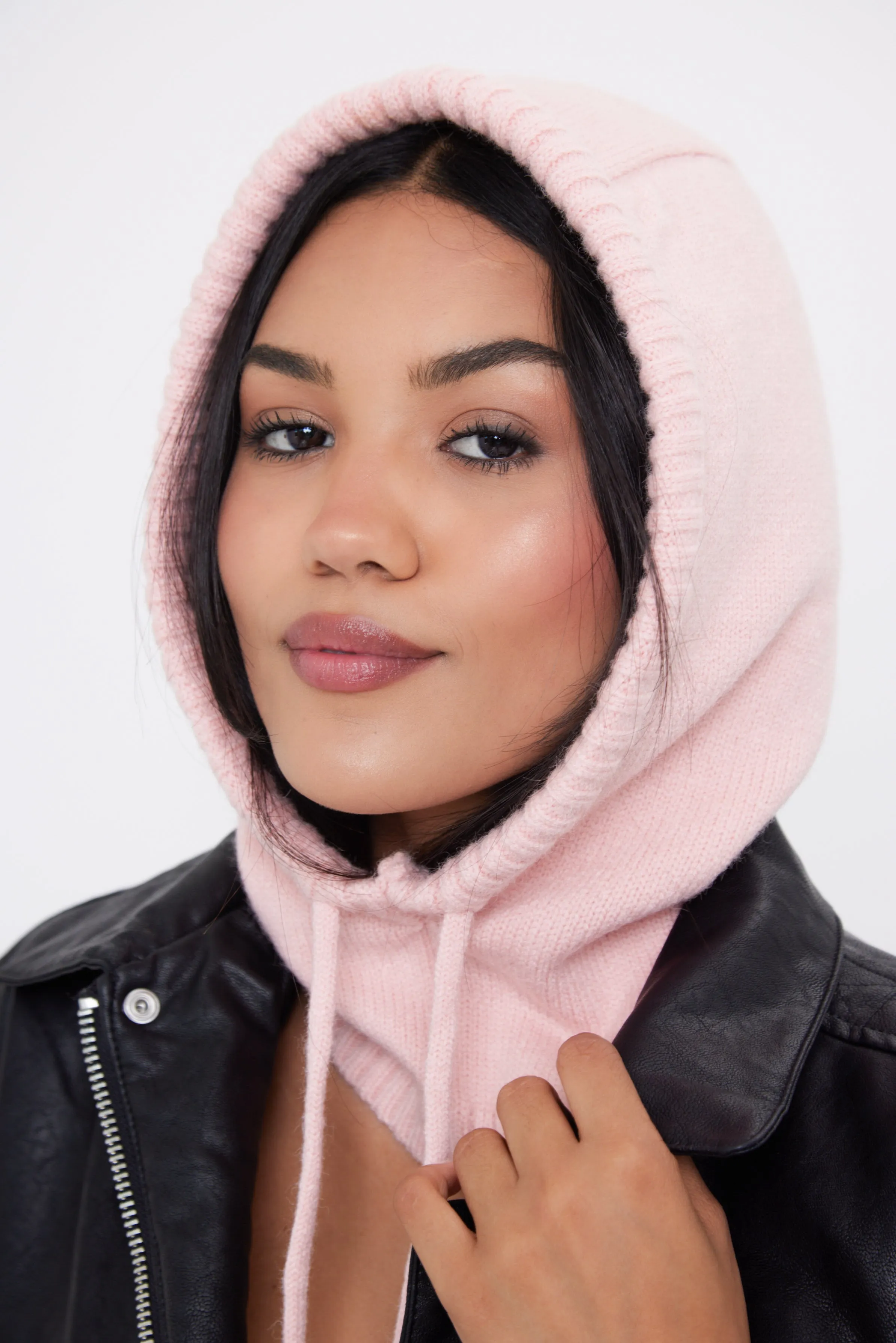 Drawstring Knitted Balaclava Hood in Pink