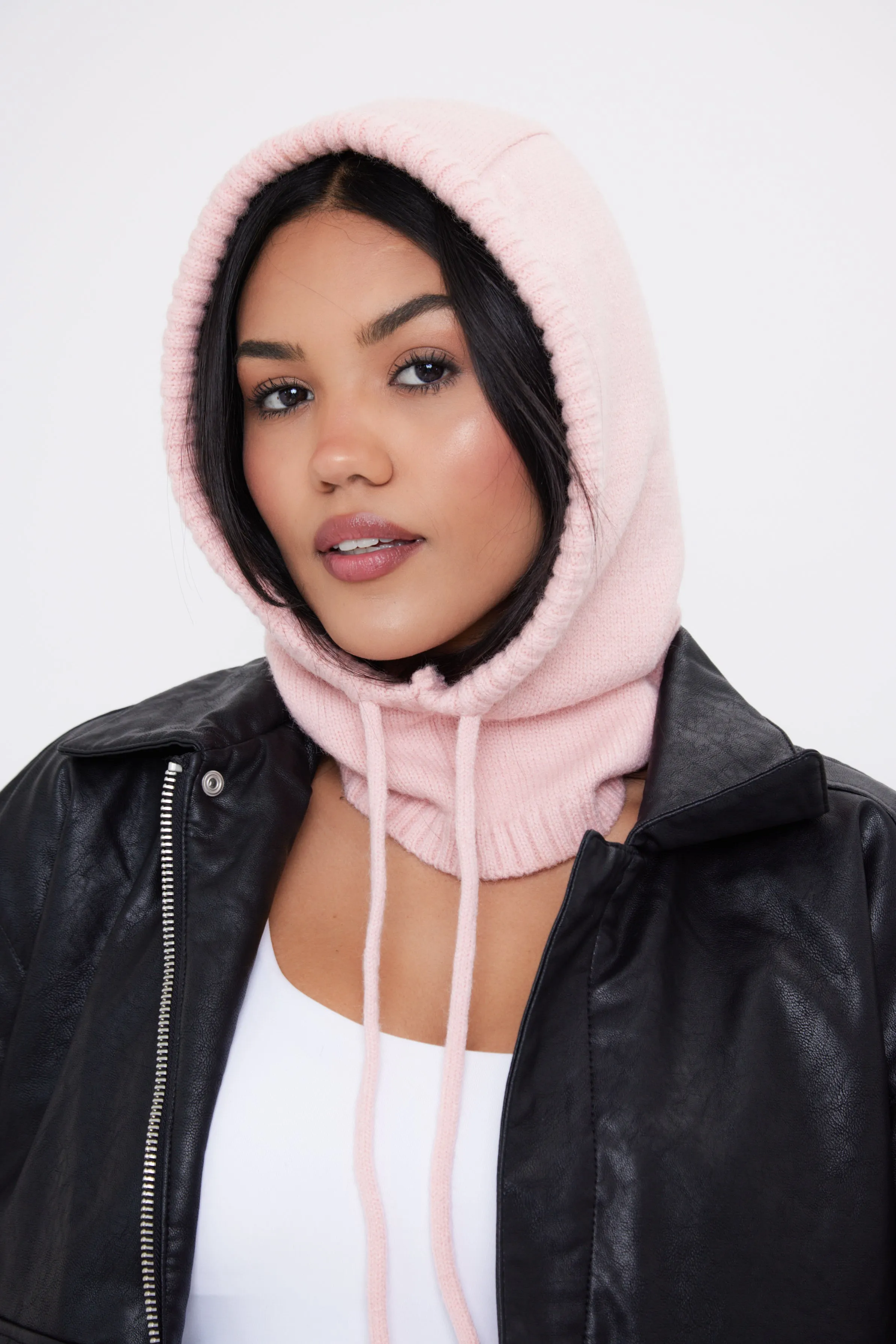 Drawstring Knitted Balaclava Hood in Pink