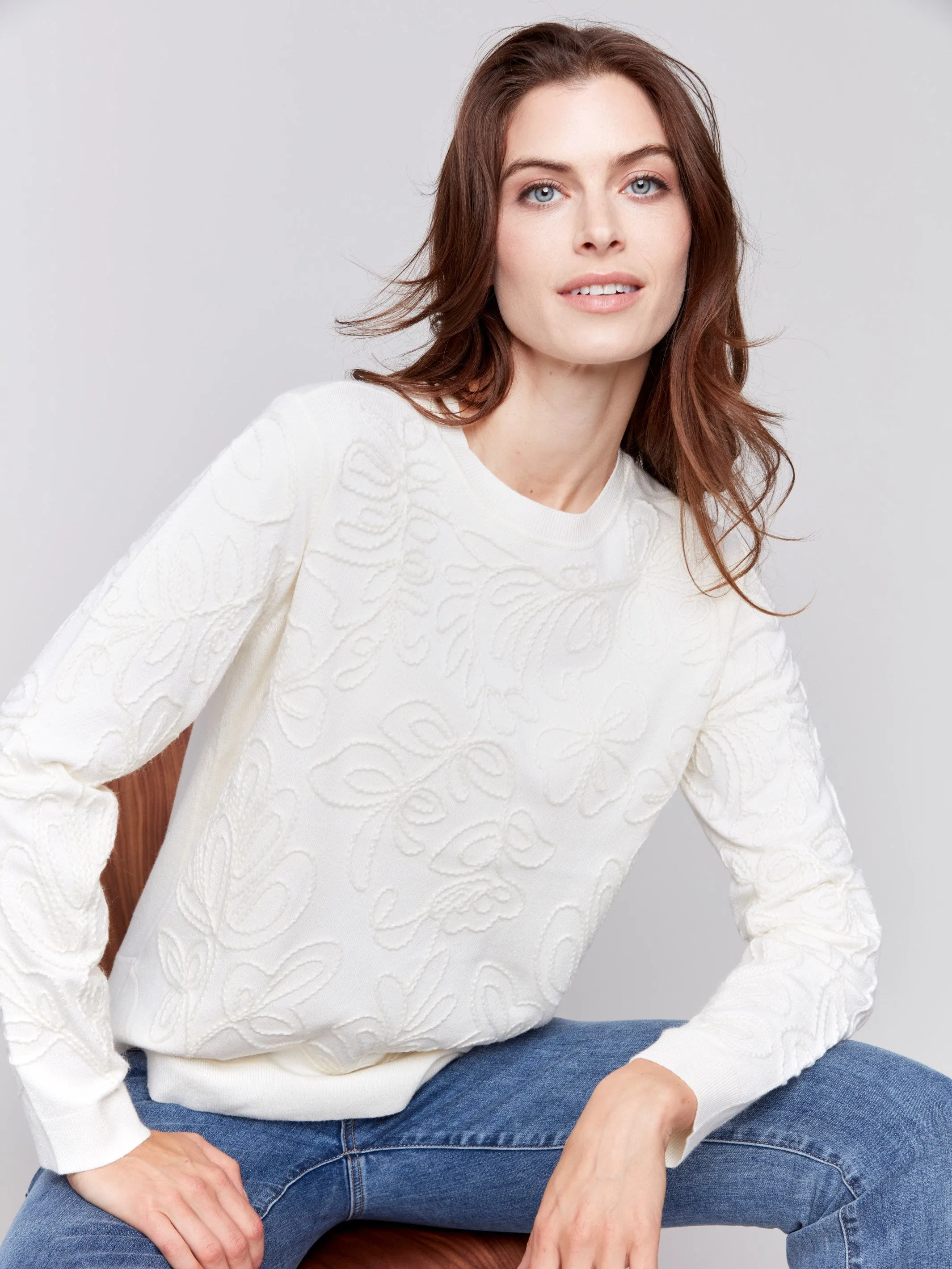 Embroidered Round Hem Sweater - Ecru