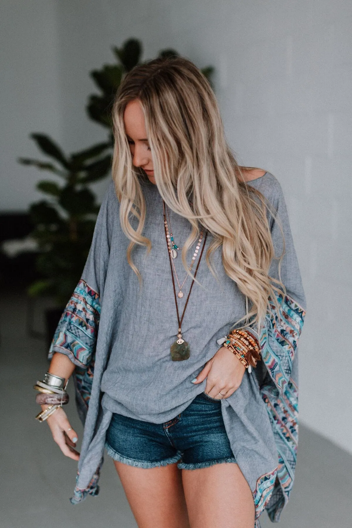 Fallon Embroidered Sleeve Poncho - Gray