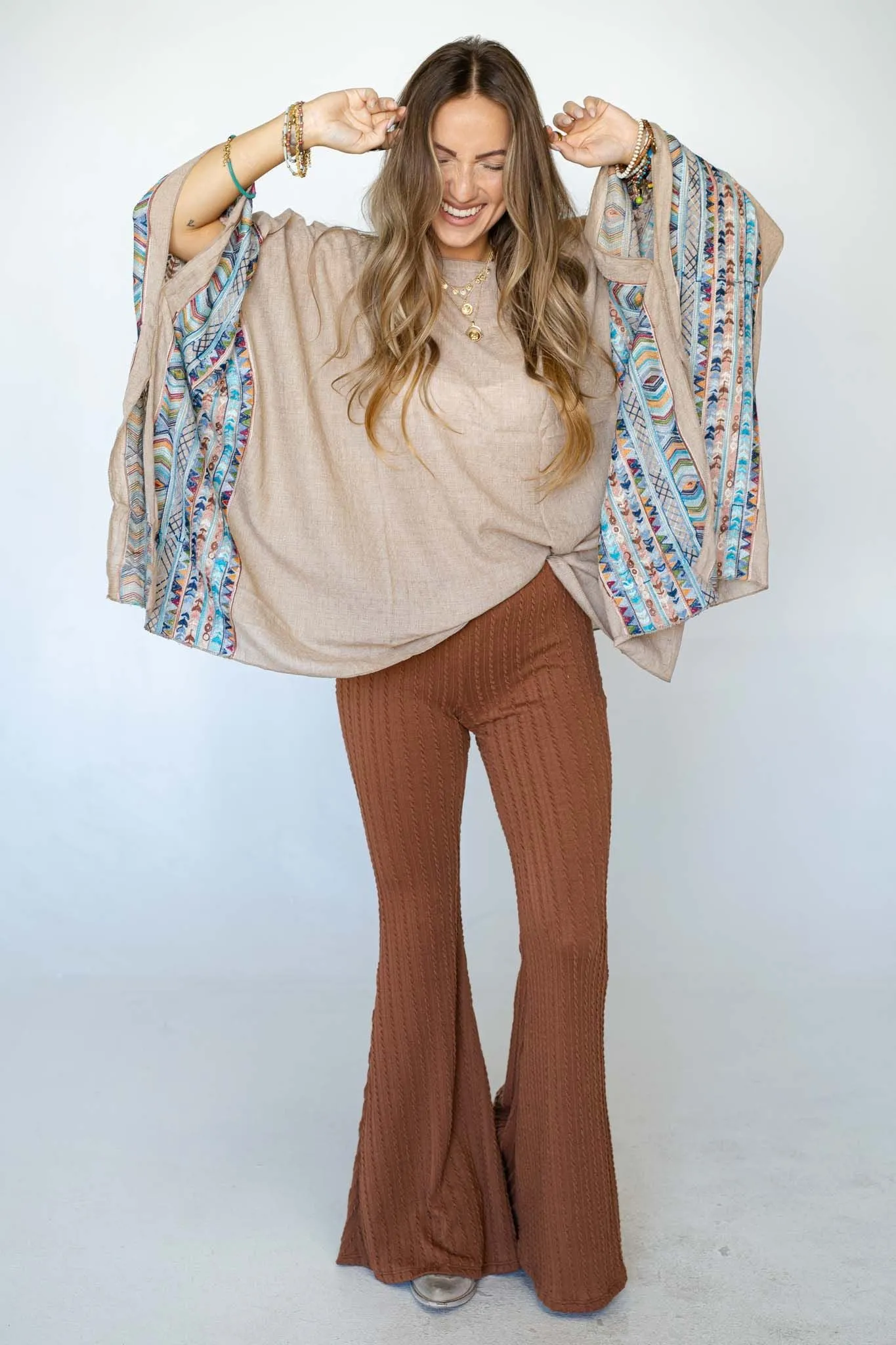 Fallon Embroidered Sleeve Poncho - Mocha