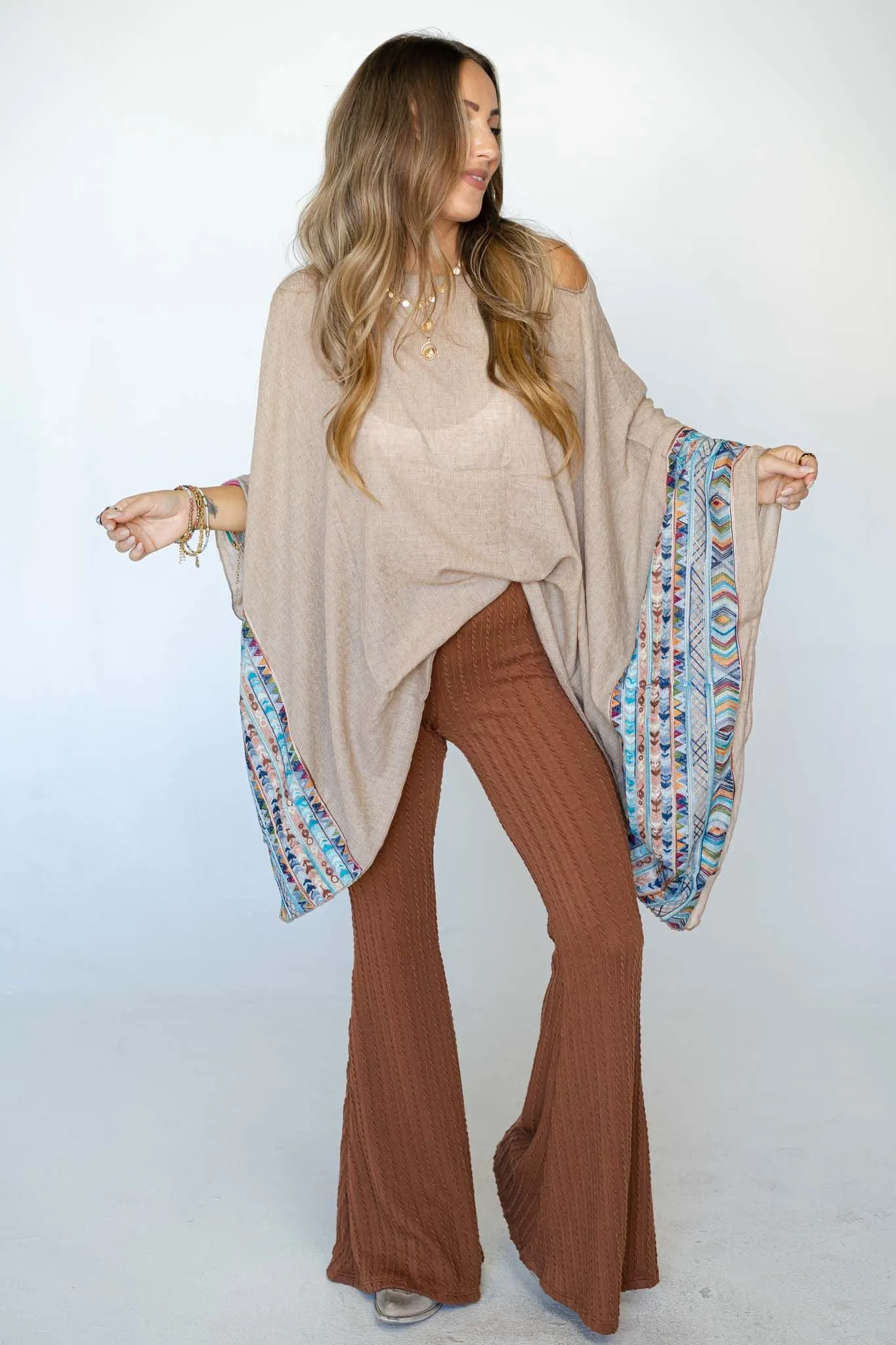 Fallon Embroidered Sleeve Poncho - Mocha