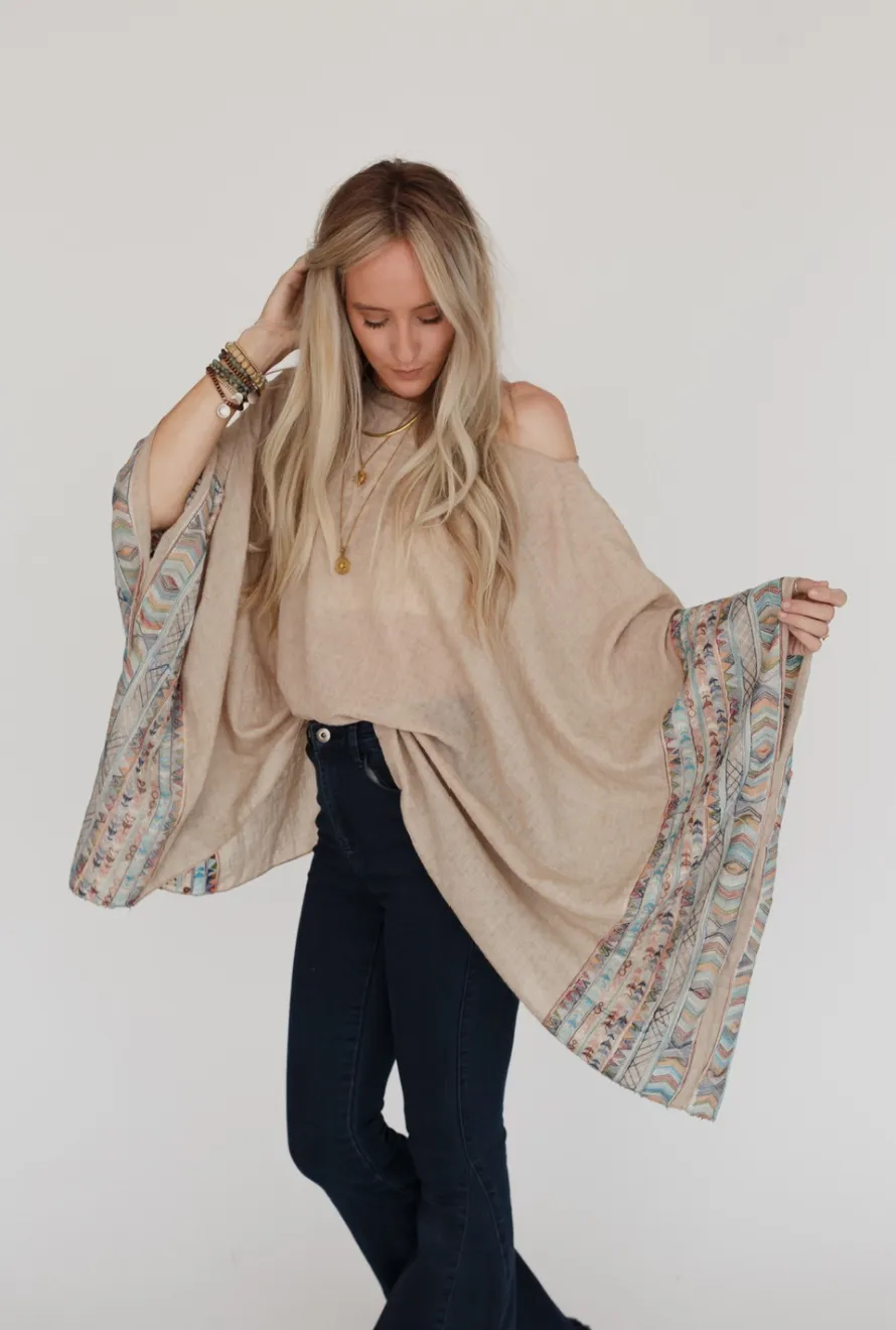 Fallon Embroidered Sleeve Poncho - Mocha