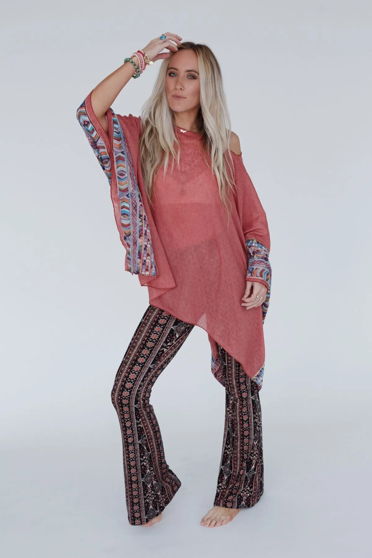 Fallon Embroidered Sleeve Poncho - Rust