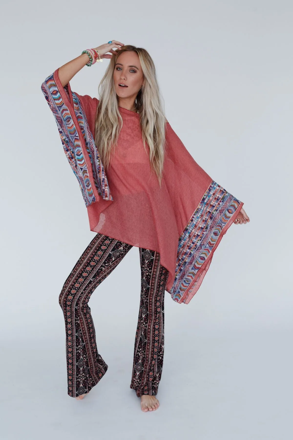 Fallon Embroidered Sleeve Poncho - Rust